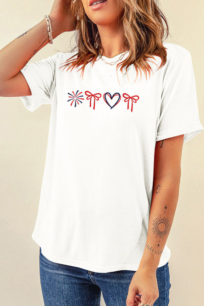 White Love July 4th Firework Bow Embroidered T-Shirt