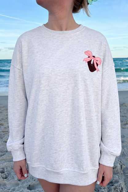 Football Bow Sweatshirt | Light Grey Embroidered Game Day Top