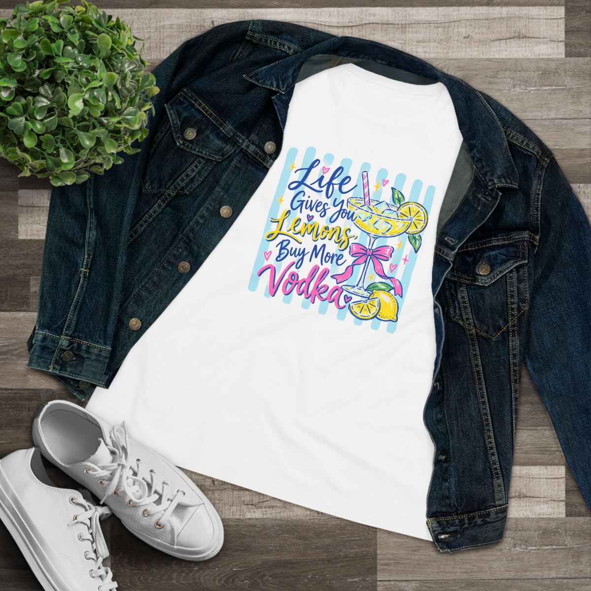 White lemon vodka shirt styled with denim jacket and sneakers