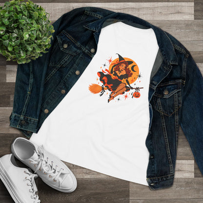 White flying witch shirt styled with denim jacket and sneakers