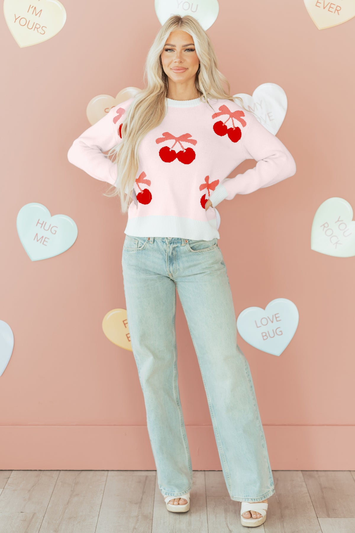 White Cherry Pattern Drop Shoulder Sweater