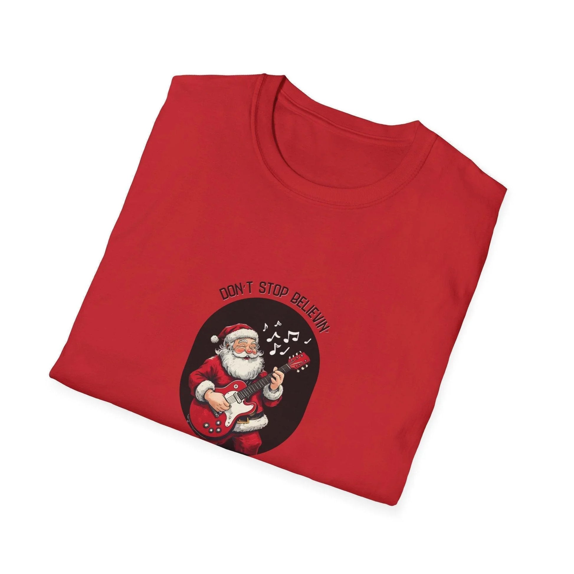 Don't Stop Believin': Santa's Rockin' Christmas Cheer! 🎅🎸🎄 - Unisex Softstyle T-shirt - Whippie's