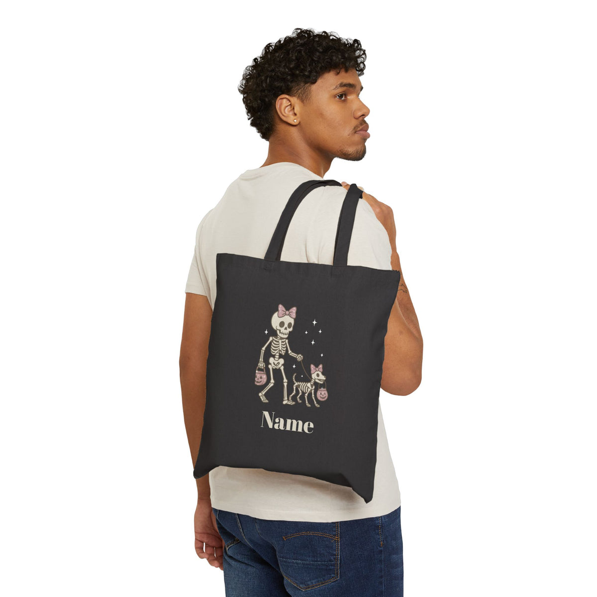 Pink Bow Halloween Friends Cotton Canvas Tote Bag - Personalizable