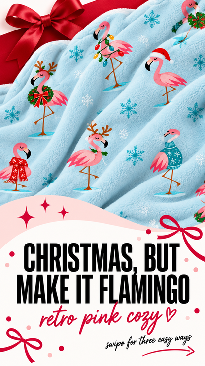 Retro Christmas flamingo blanket with pink flamingos and holiday accents