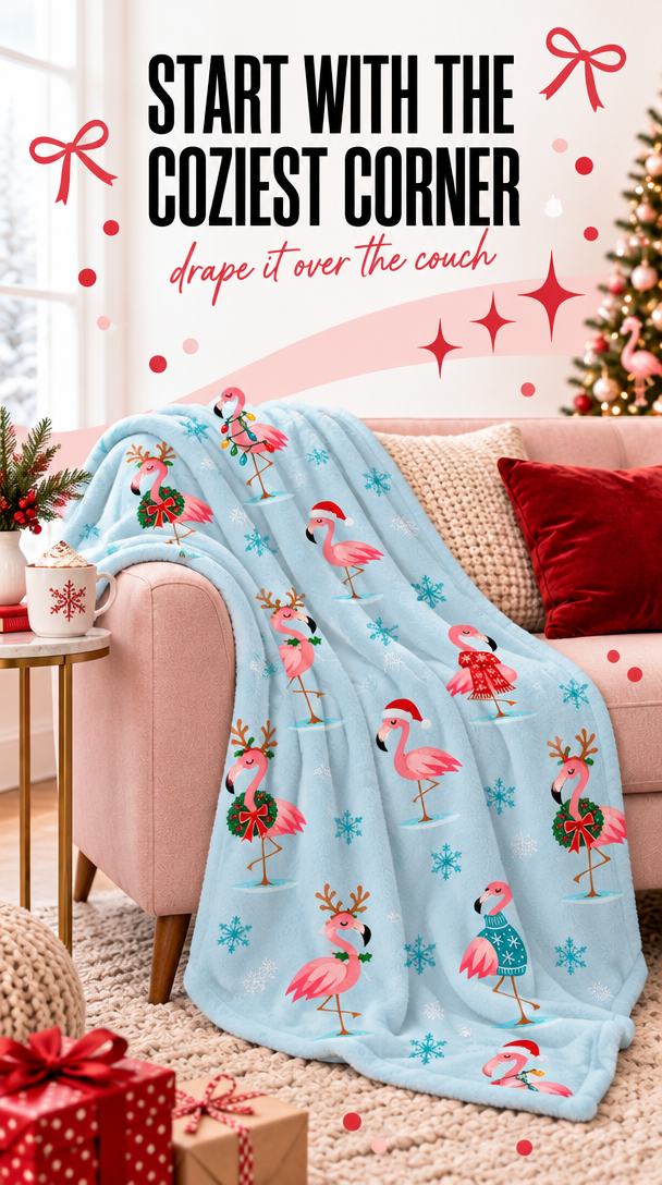 Pink Christmas flamingo throw blanket with festive retro pattern