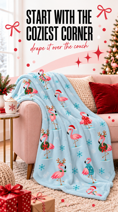 Pink Christmas flamingo throw blanket with festive retro pattern