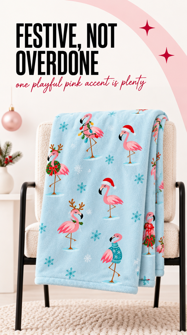 Christmas flamingo blanket in retro pink holiday design, alternate view