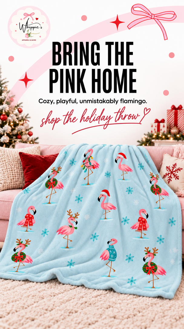 Christmas flamingo blanket with whimsical pink holiday flamingos