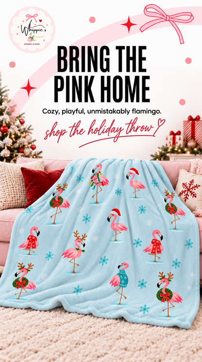Christmas flamingo blanket with whimsical pink holiday flamingos