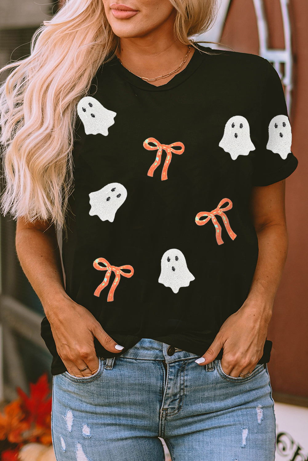 Bow Ghost Halloween Tee | Black Sequin Graphic Shirt