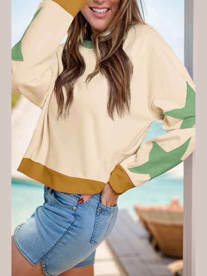 Women Star Contrast Round Neck Long Sleeve Sweatshirt