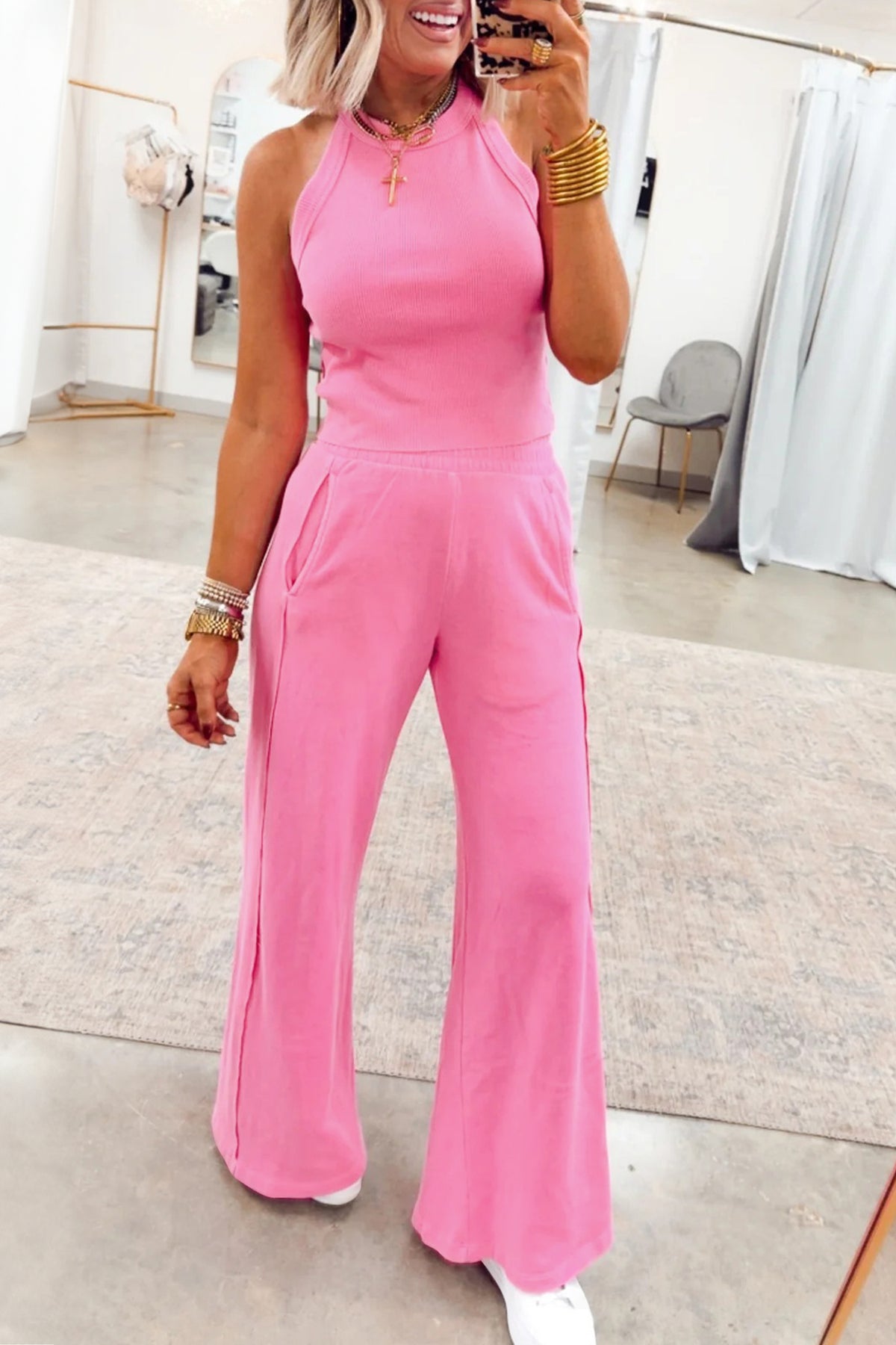 Sachet Pink Ribbed Tank Top and Sweatpants Set