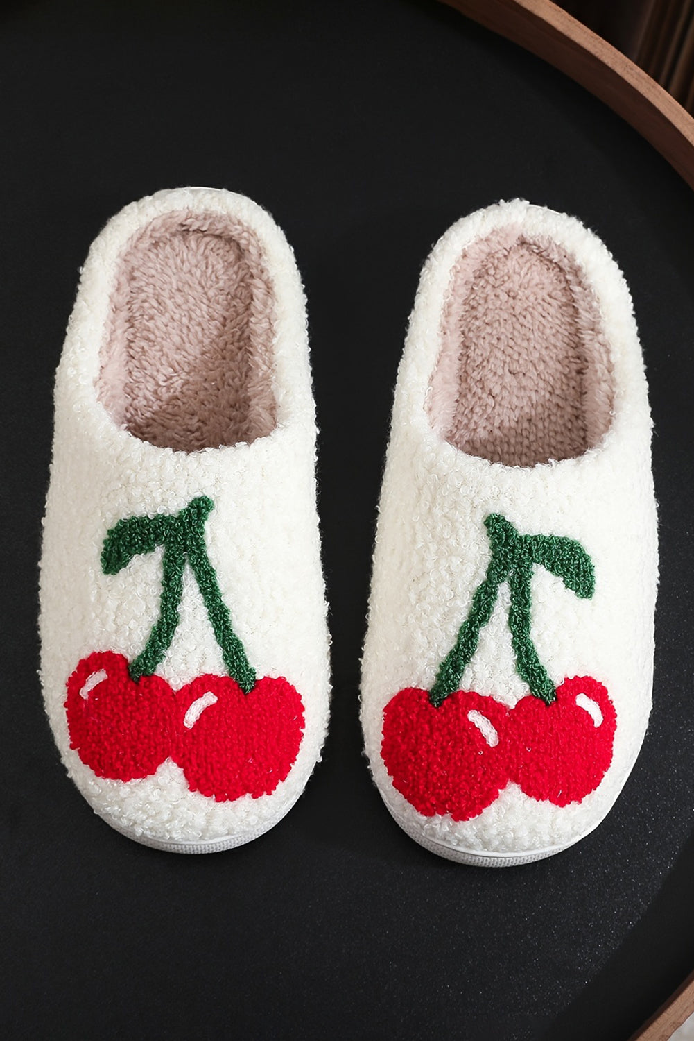 White Cherry Pattern Winter Plush Slippers