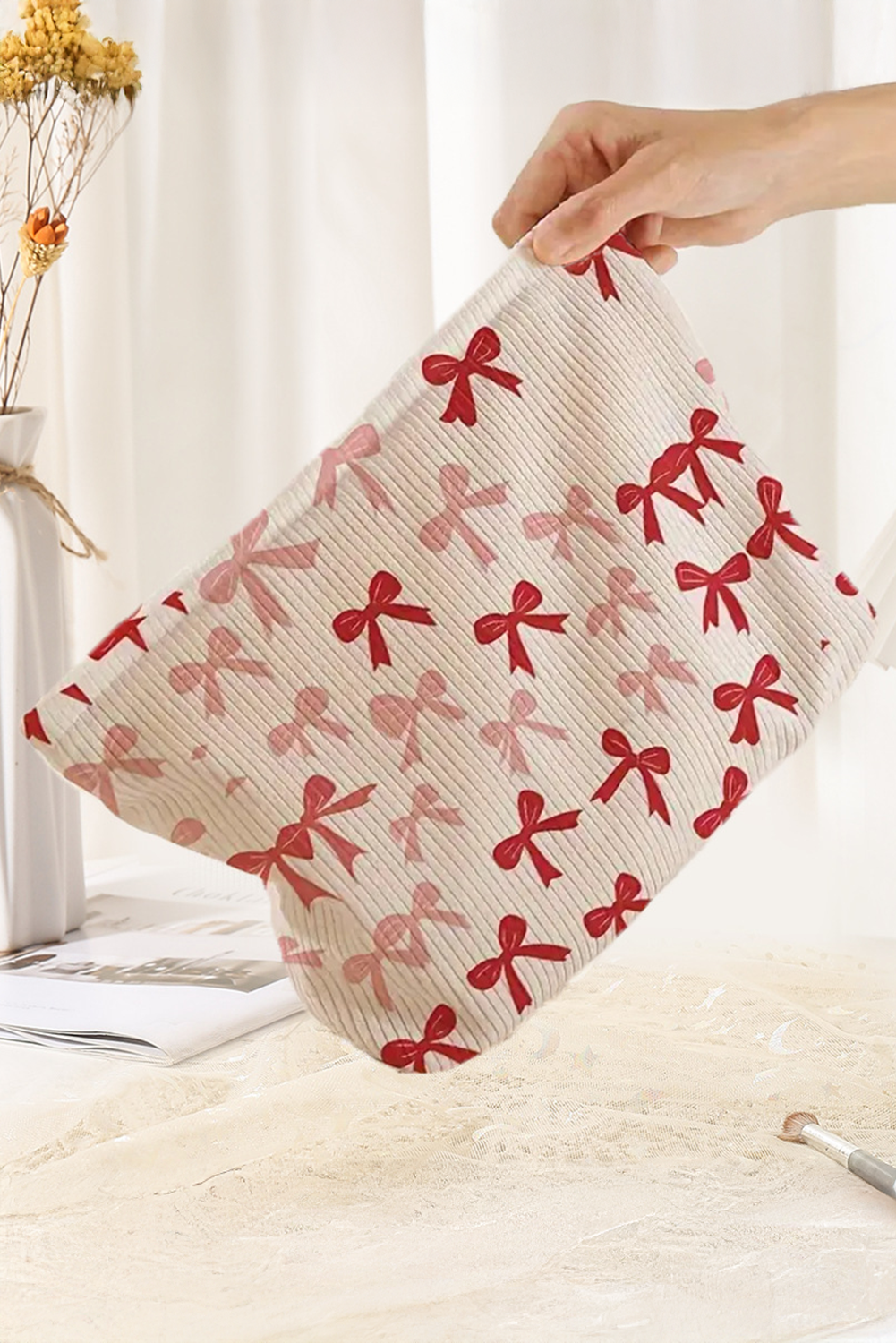 Bows Corduroy Makeup Bag | Fiery Red Zipper Pouch