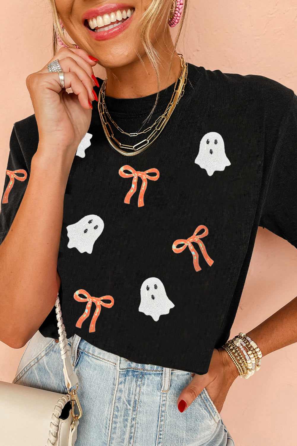 Bow Ghost Halloween Tee | Black Sequin Graphic Shirt