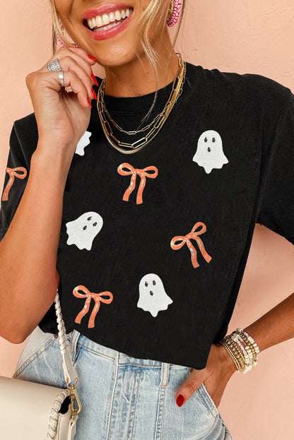Bow Ghost Halloween Tee | Black Sequin Graphic Shirt