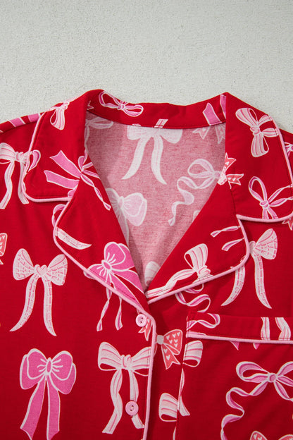 Red Sweet Bow Pajamas Ruffled Shirt Shorts Set