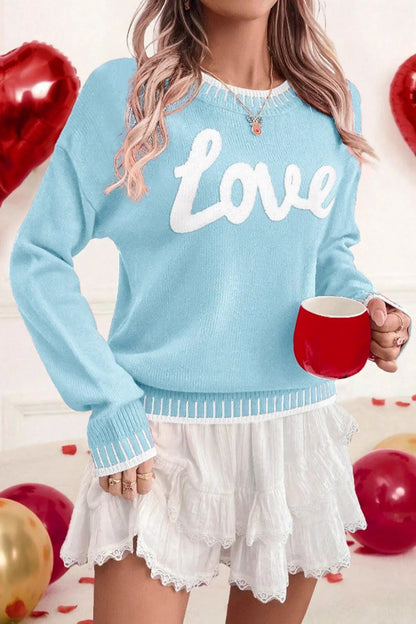 Light Blue Chenille Love Sweater | Valentine Boutique