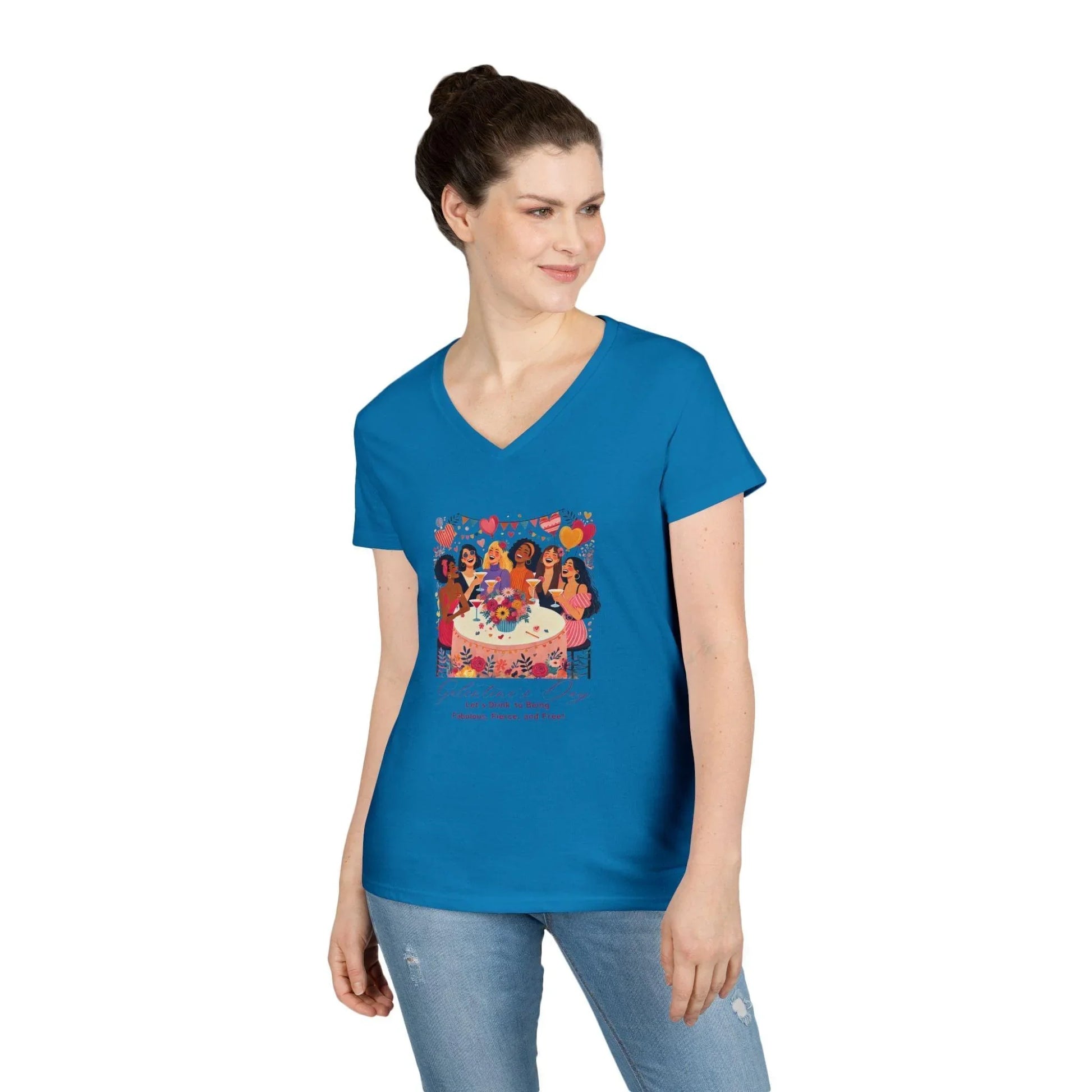 💖 Galentine's Day: Fabulous, Fierce & Free! 🥂 Ladies' V-Neck Tee ✨ Celebrate the power of female friendship! - Whippie's