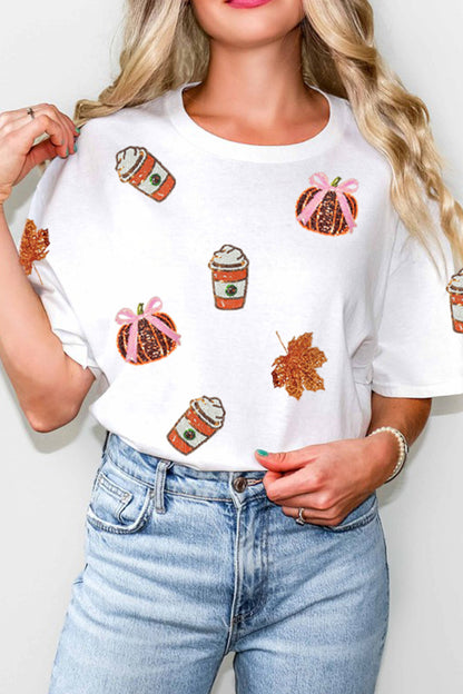 White Sequined Pumpkin Fall Graphic T-Shirt