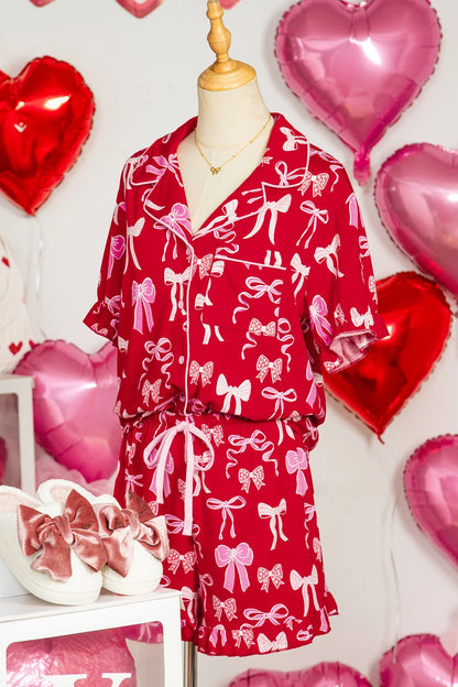 Red Sweet Bow Pajamas Ruffled Shirt Shorts Set
