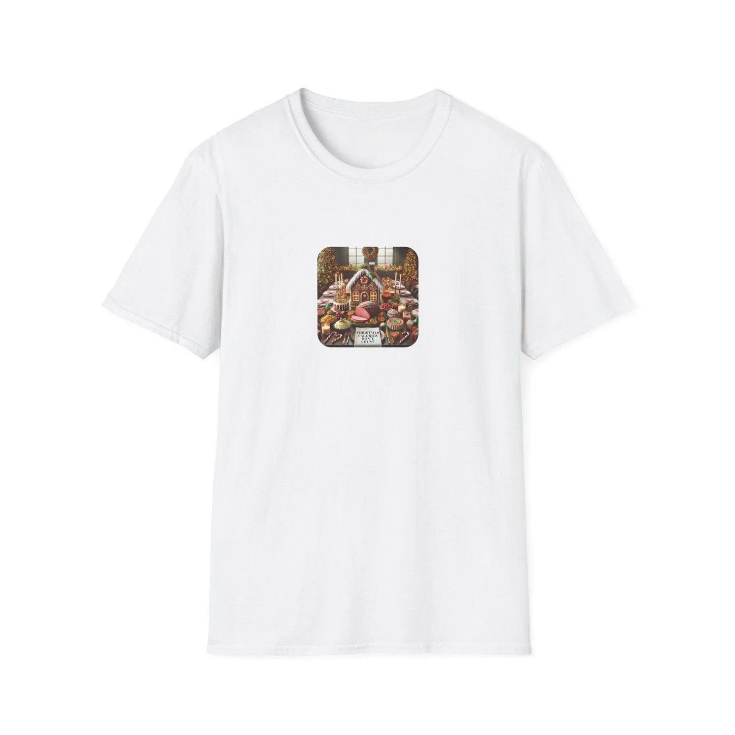 Christmas Calories Don’t Count 🎄 – Fun Festive Design with Gingerbread House & Holiday Feast - Unisex Softstyle Tee - Whippie's