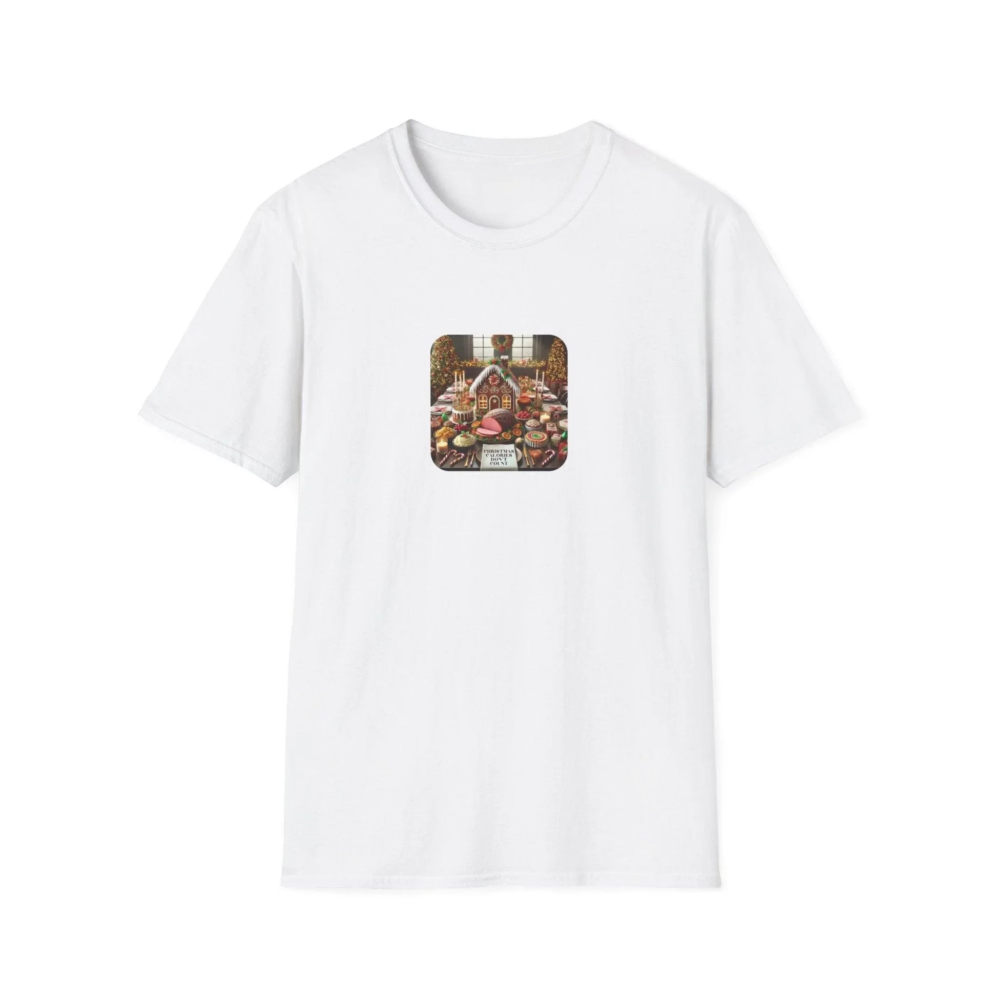 Christmas Calories Don’t Count 🎄 – Fun Festive Design with Gingerbread House & Holiday Feast - Unisex Softstyle Tee - Whippie's