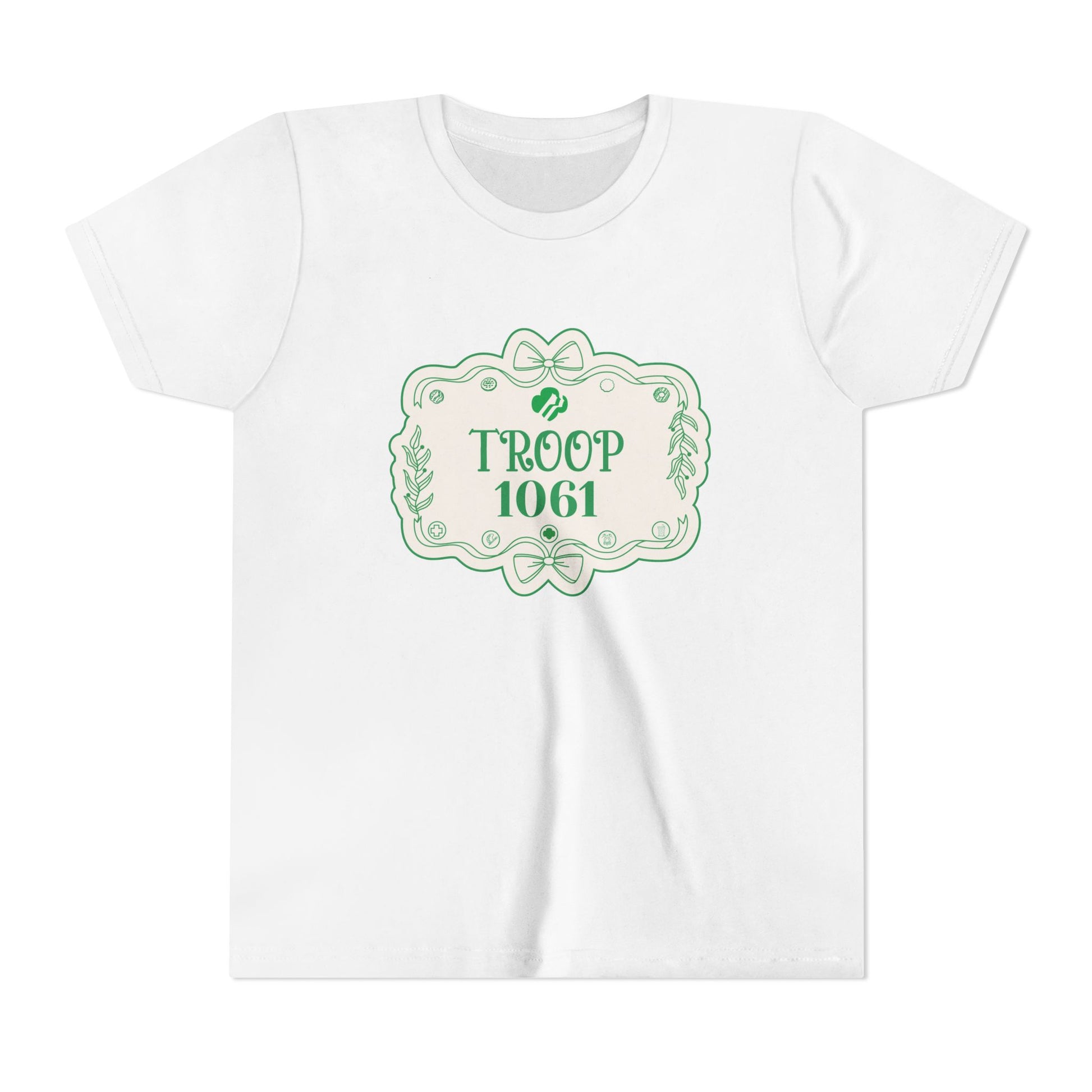 White t-shirt with green graphic and text 'Troop 1061' on a white background
