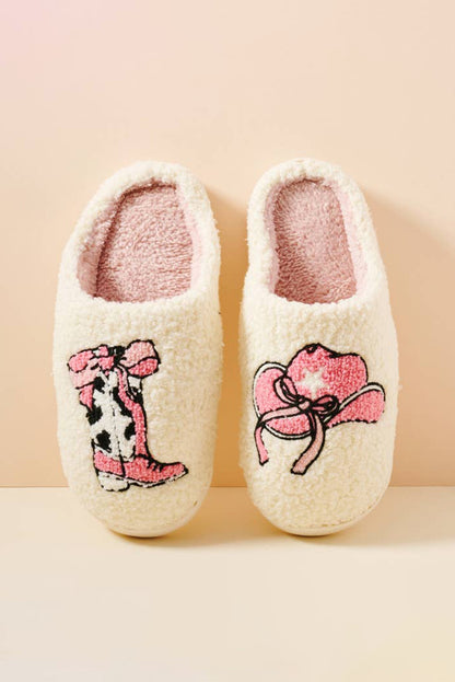 White Cowgirl Hat and Boot Plush Thermal Slippers
