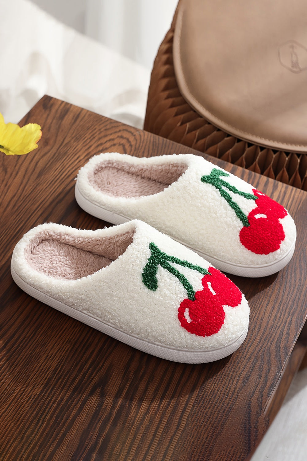 White Cherry Pattern Winter Plush Slippers