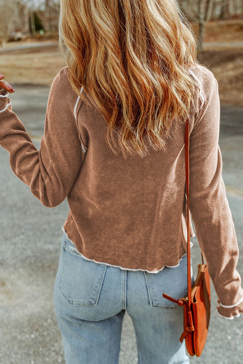 Blue Textured Round Neck Long Sleeve Top