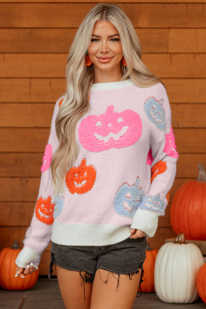 Beige Halloween Pumpkin Pattern Sweater