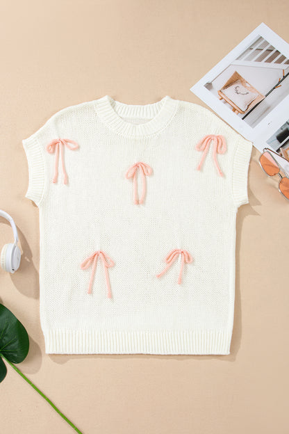 Short Sleeve Knit Applique Bow Sweater