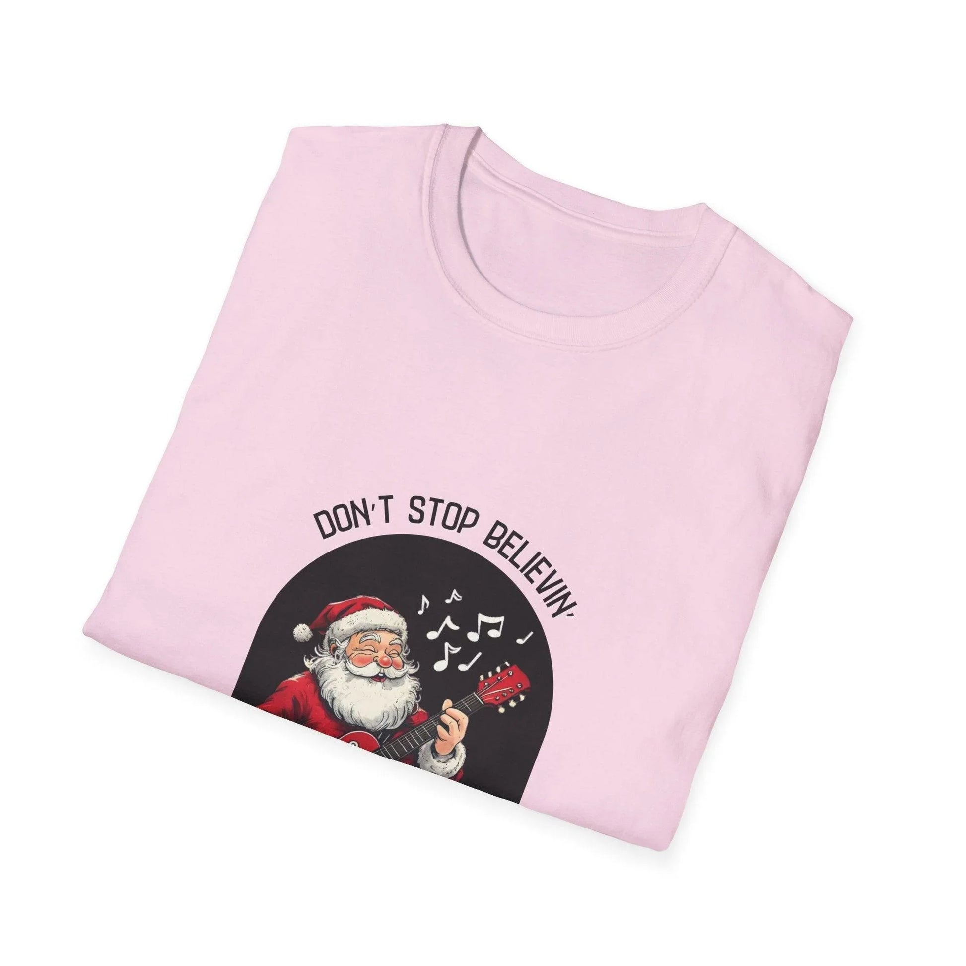 Don't Stop Believin': Santa's Rockin' Christmas Cheer! 🎅🎸🎄 - Unisex Softstyle T-shirt - Whippie's