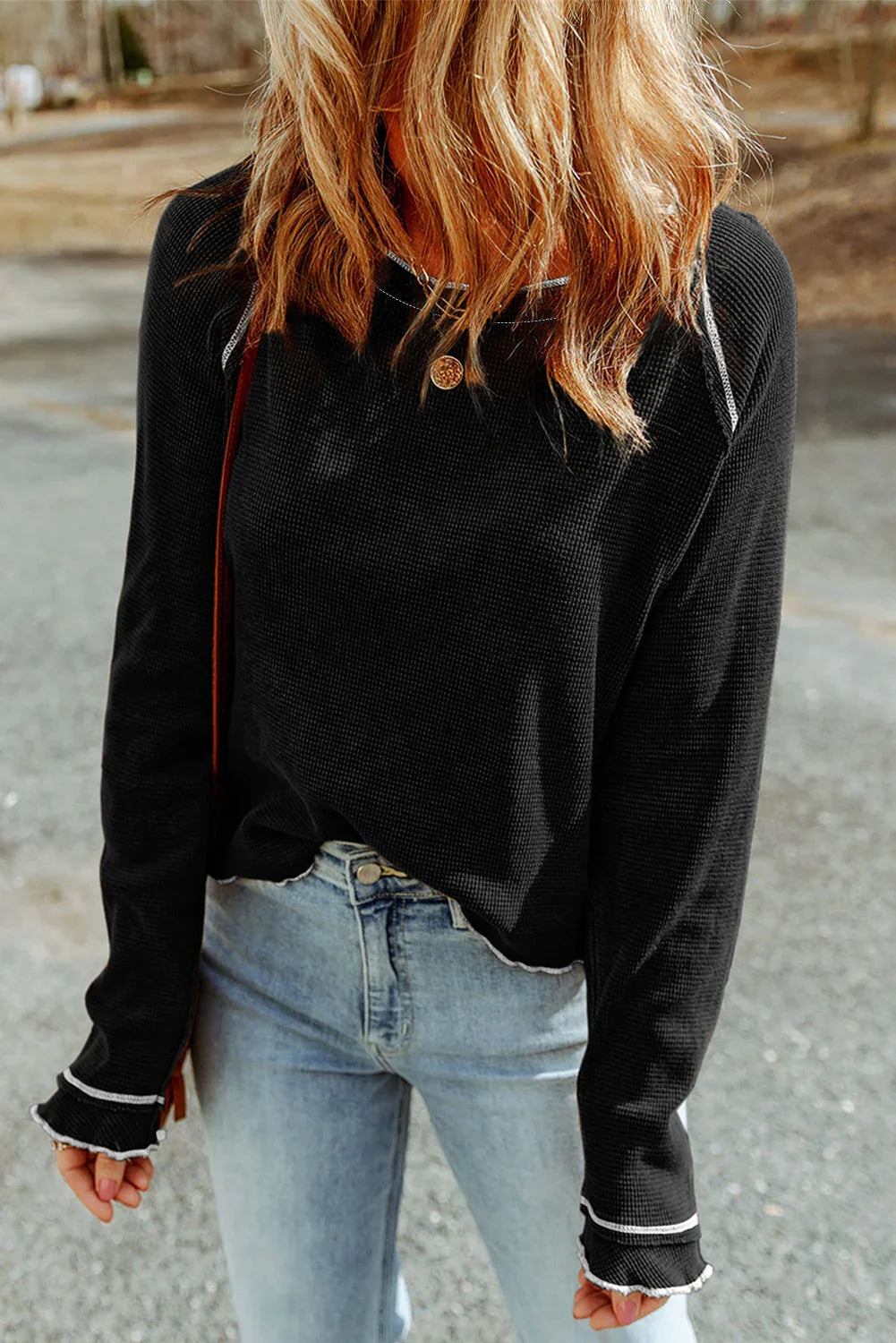 Blue Textured Round Neck Long Sleeve Top