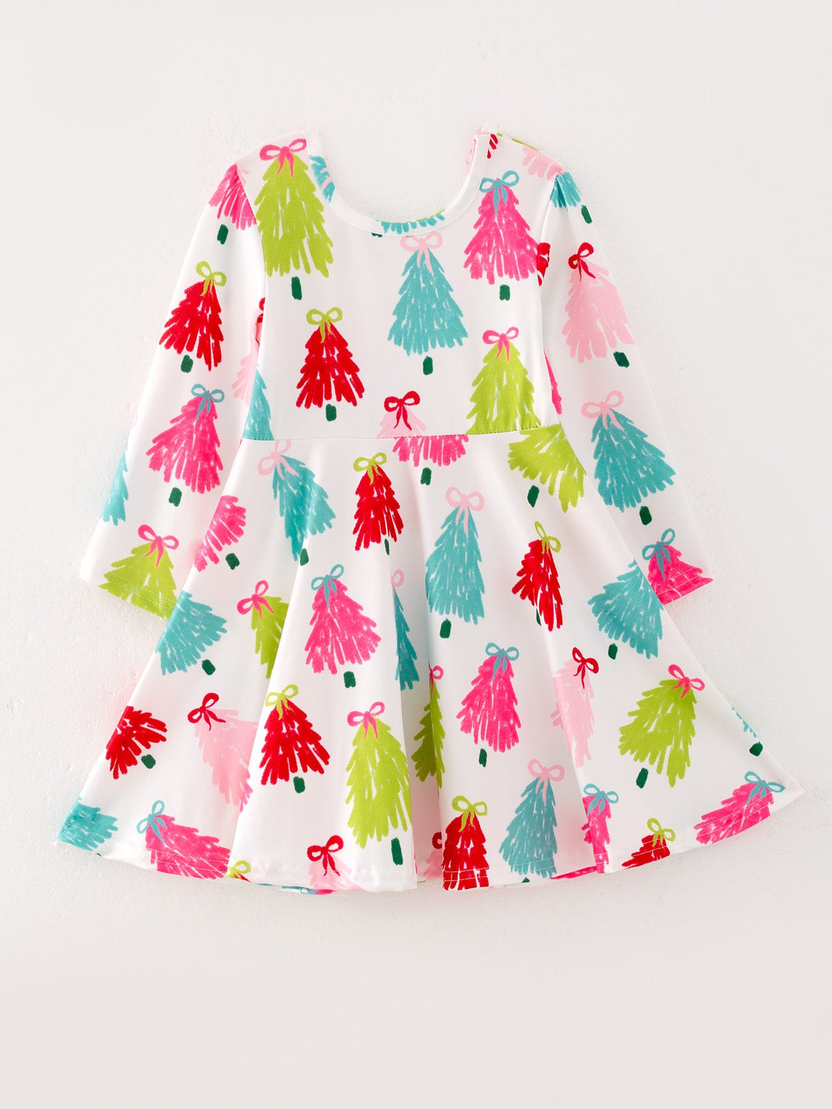 Girls Christmas Dress | Colorful Tree Print: Front view on hanger