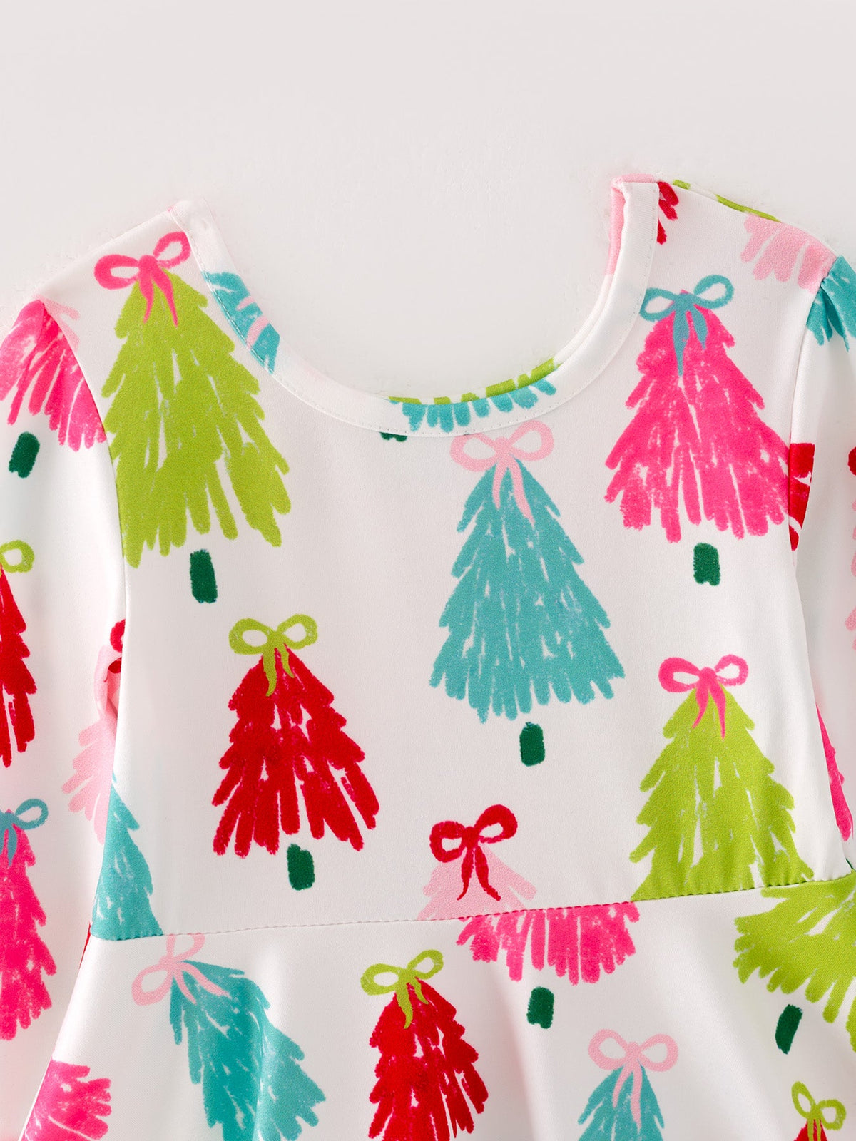 Girls Christmas Dress | Colorful Tree Print: Round neckline and colorful tree print detail