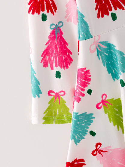 Girls Christmas Dress | Colorful Tree Print: Long sleeve and tree print detail