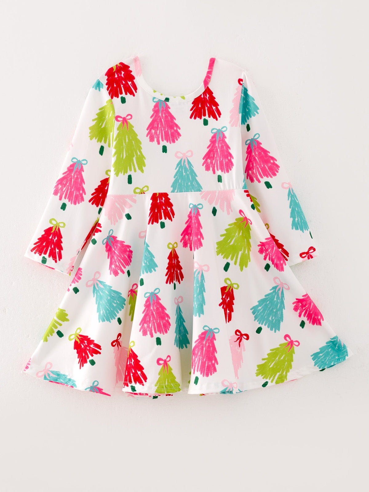 Girls Christmas Dress | Colorful Tree Print: Back view on hanger