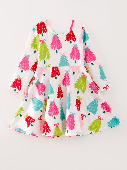 Girls Christmas Dress | Colorful Tree Print: Back view on hanger