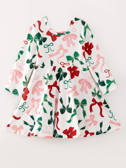 Girls festive Christmas bow print dress, additional product photograph 2