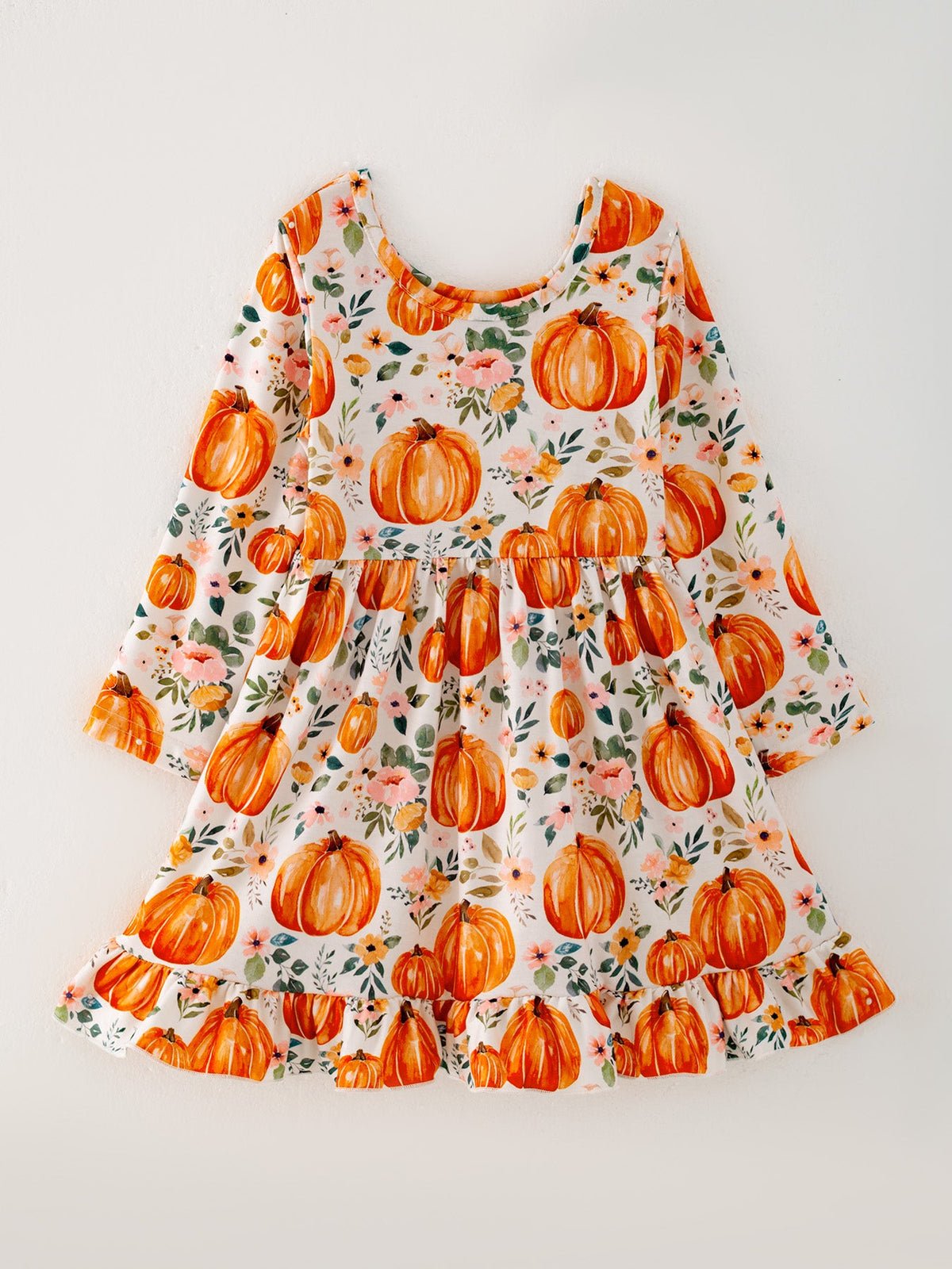 Girls Fall Dress | Orange Pumpkin Floral: Front on hanger