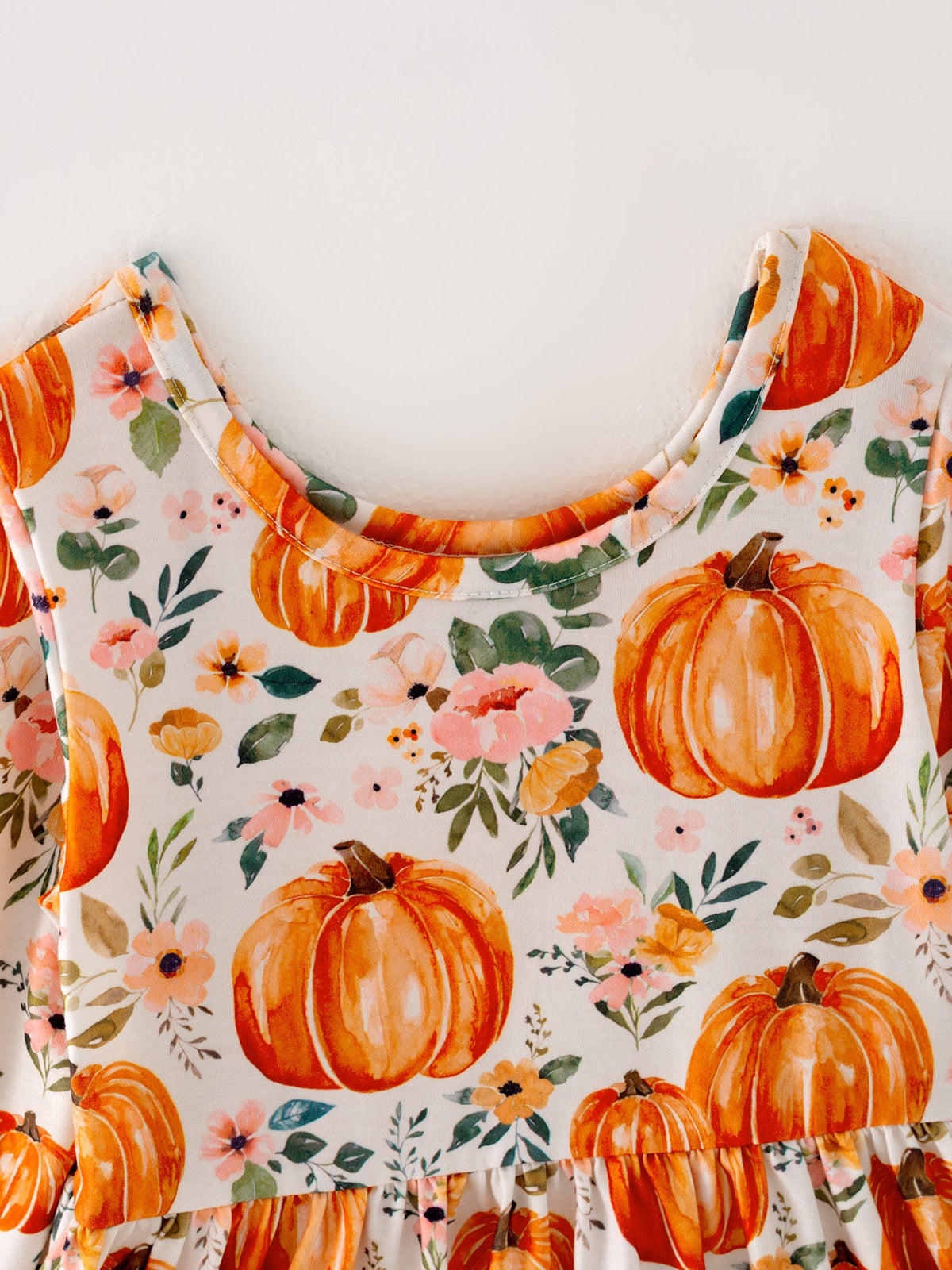 Girls Fall Dress | Orange Pumpkin Floral: Round neckline detail