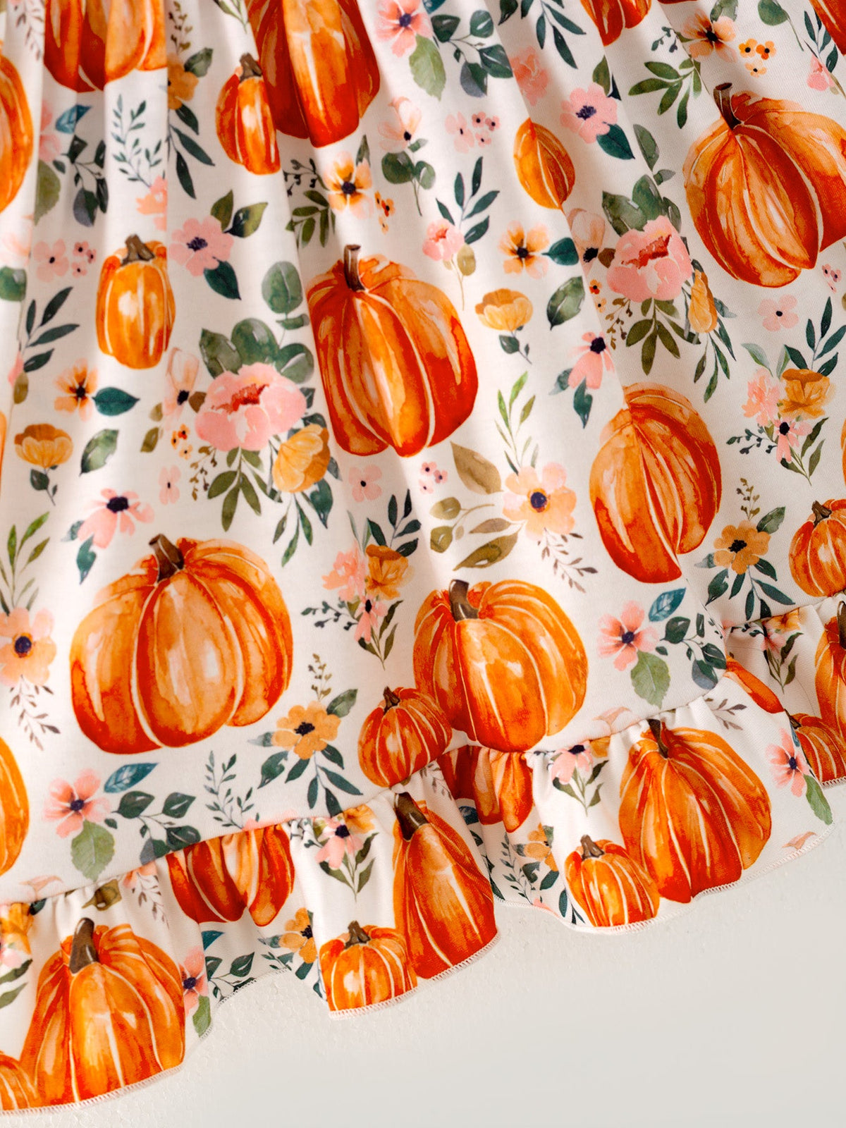 Girls Fall Dress | Orange Pumpkin Floral: Pumpkin and floral skirt close-up