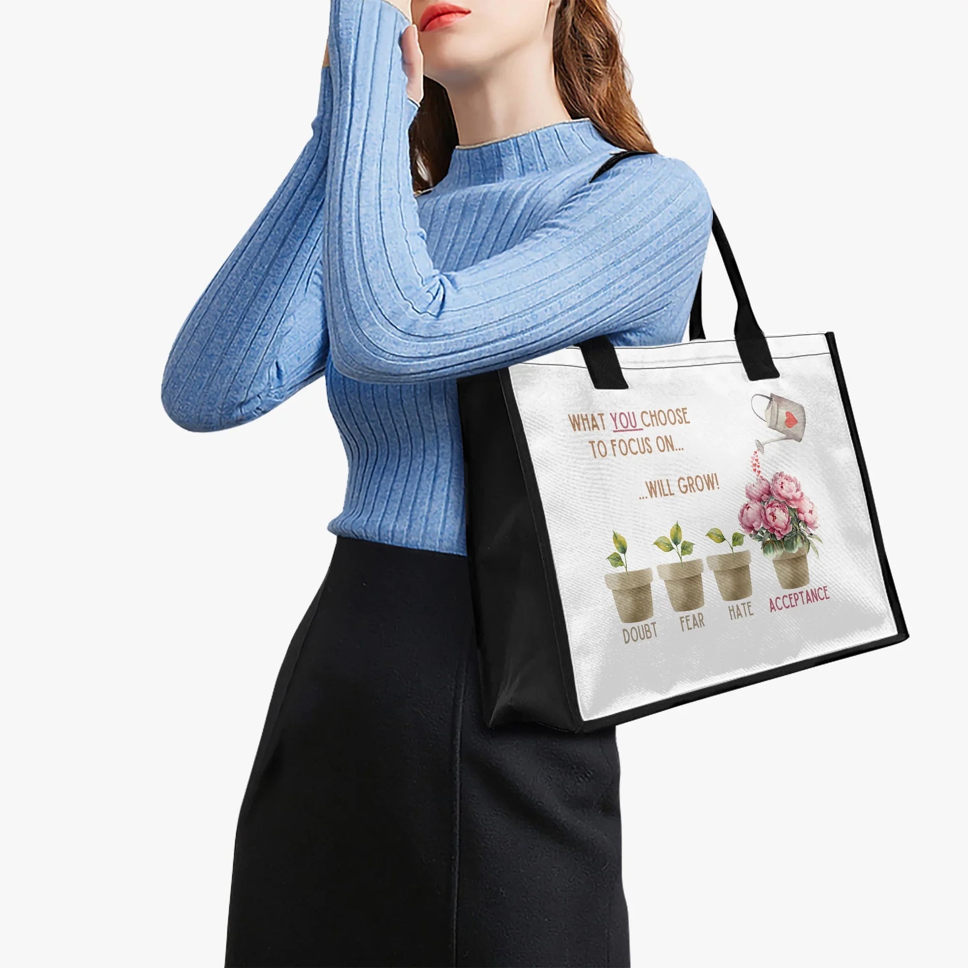 What You Choose to Focus On... Will Grow! Shopping Tote Bag - 🌱 Carry Positivity and Groceries with Style! 🌱 - Whippie's