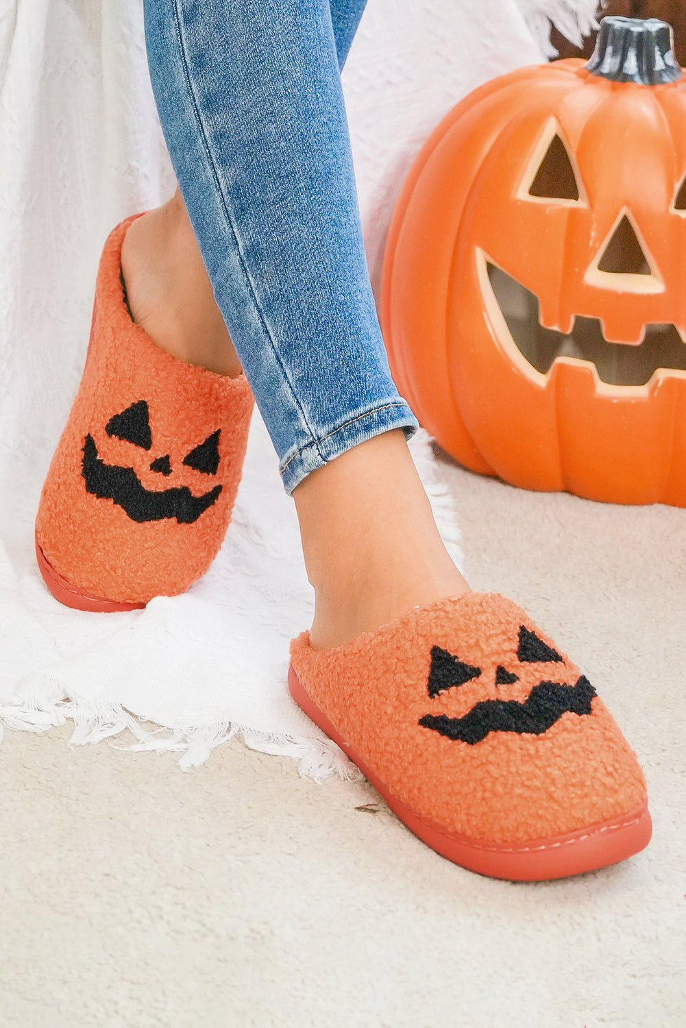 Orange Halloween Pumpkin Face Plush Slippers