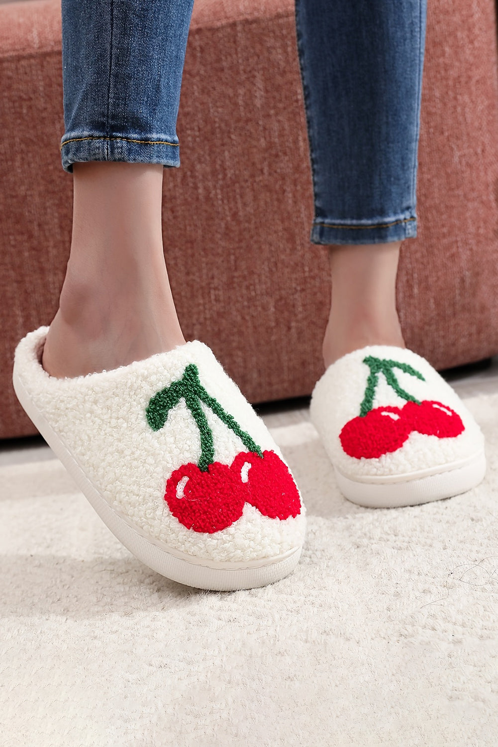 White Cherry Pattern Winter Plush Slippers