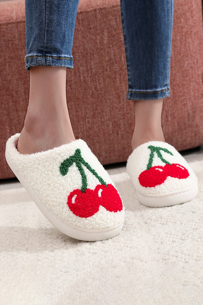 White Cherry Pattern Winter Plush Slippers