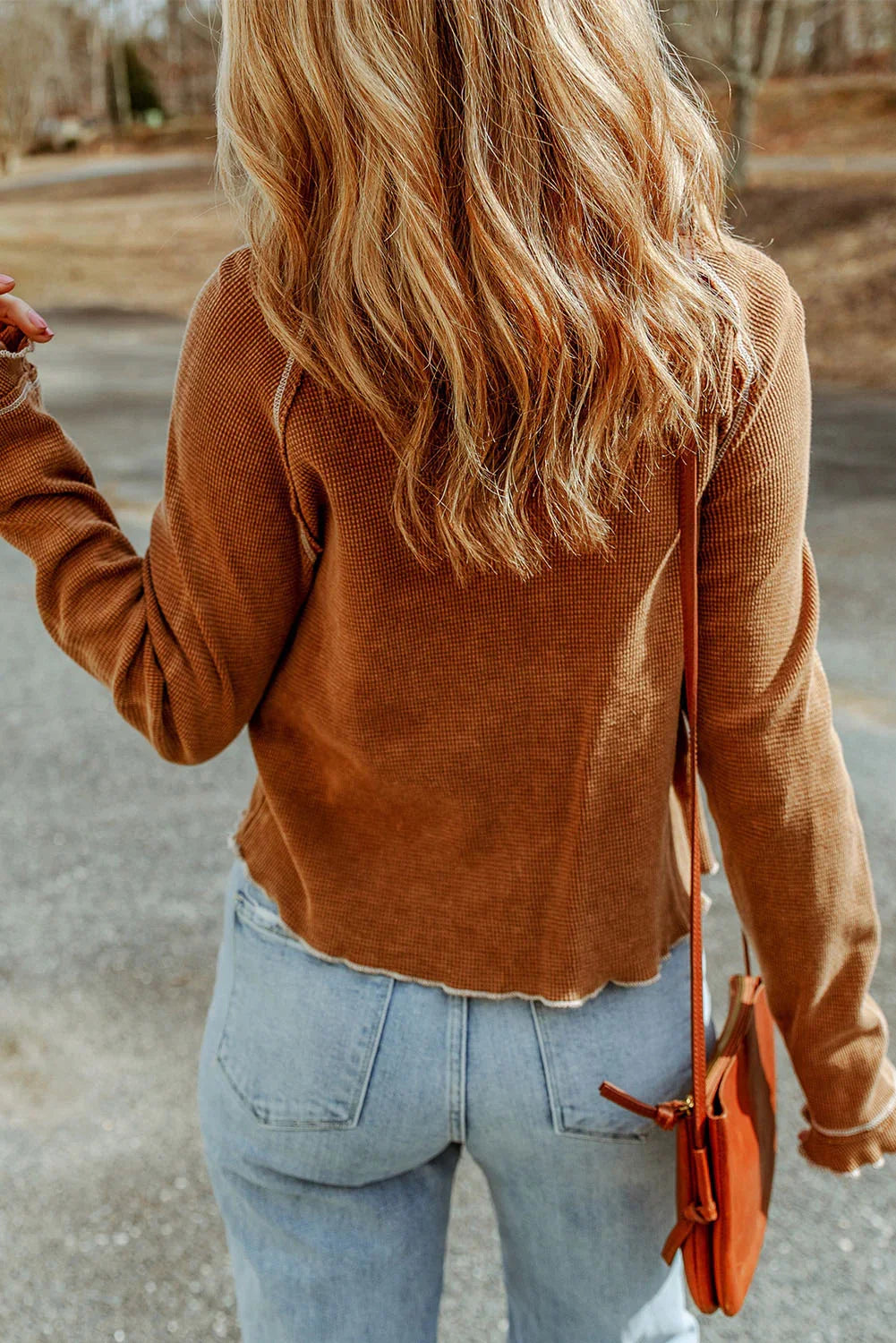 Blue Textured Round Neck Long Sleeve Top