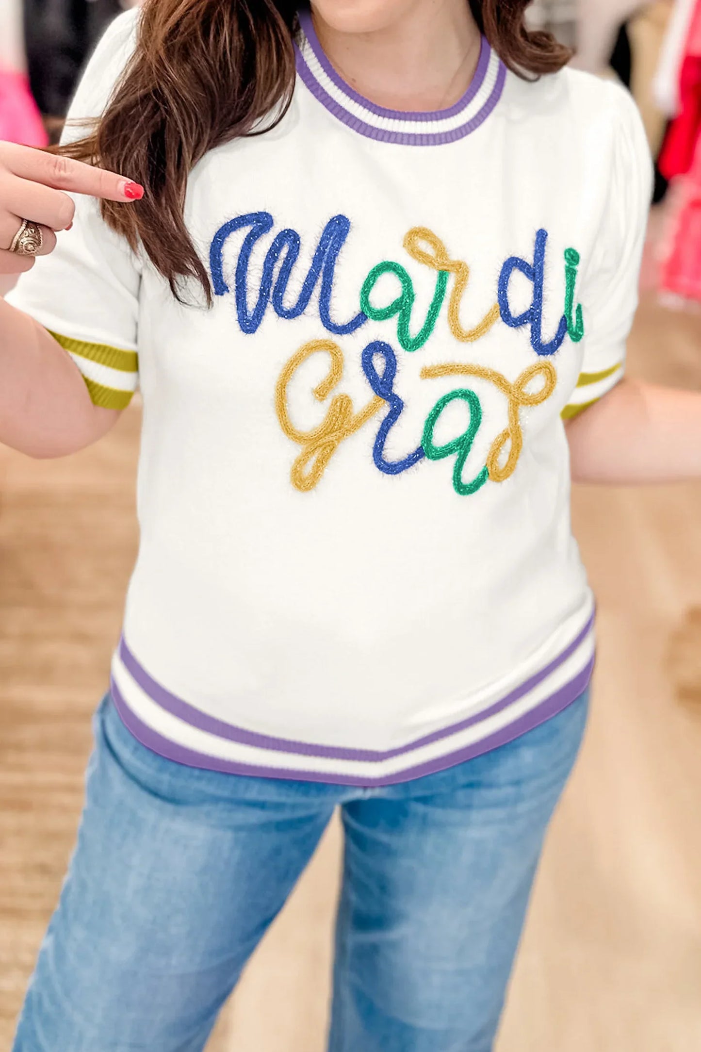Mardi Gras Sweater | Tinsel Letter Short Sleeve Sweater